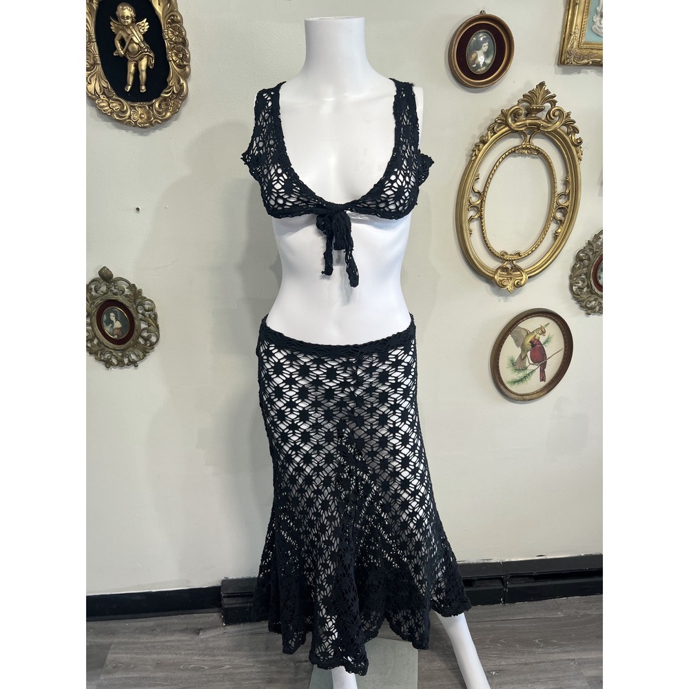 Vintage Cheryl Creations Black Crochet Crop Top & Midi Skirt 2-Piece Set Size S